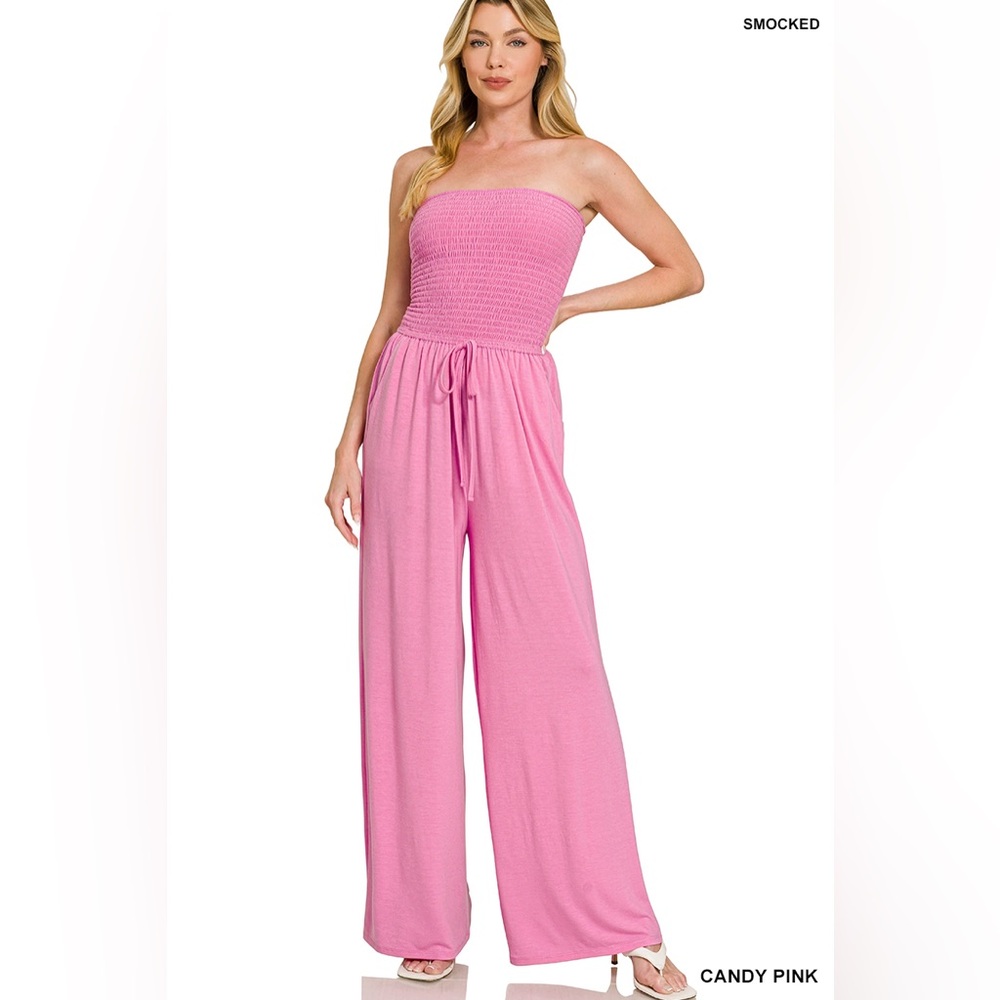 Zenana Outfitters Candy Pink Smocked Strapless Wide-Leg Jumpsuit